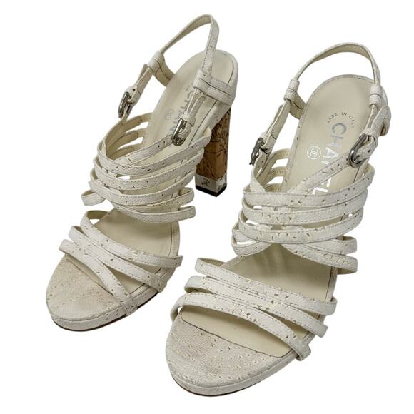 Chanel Suede Block Cork Heel Chain Link CC Detail Strappy Sandals white size 39 - Picture 10 of 13